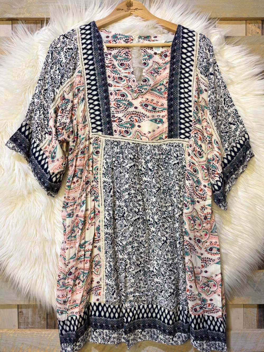 EUC. Boho [Sundance] Romantic Navy & Pink Kimono Mini Dress + Keyhole | Large